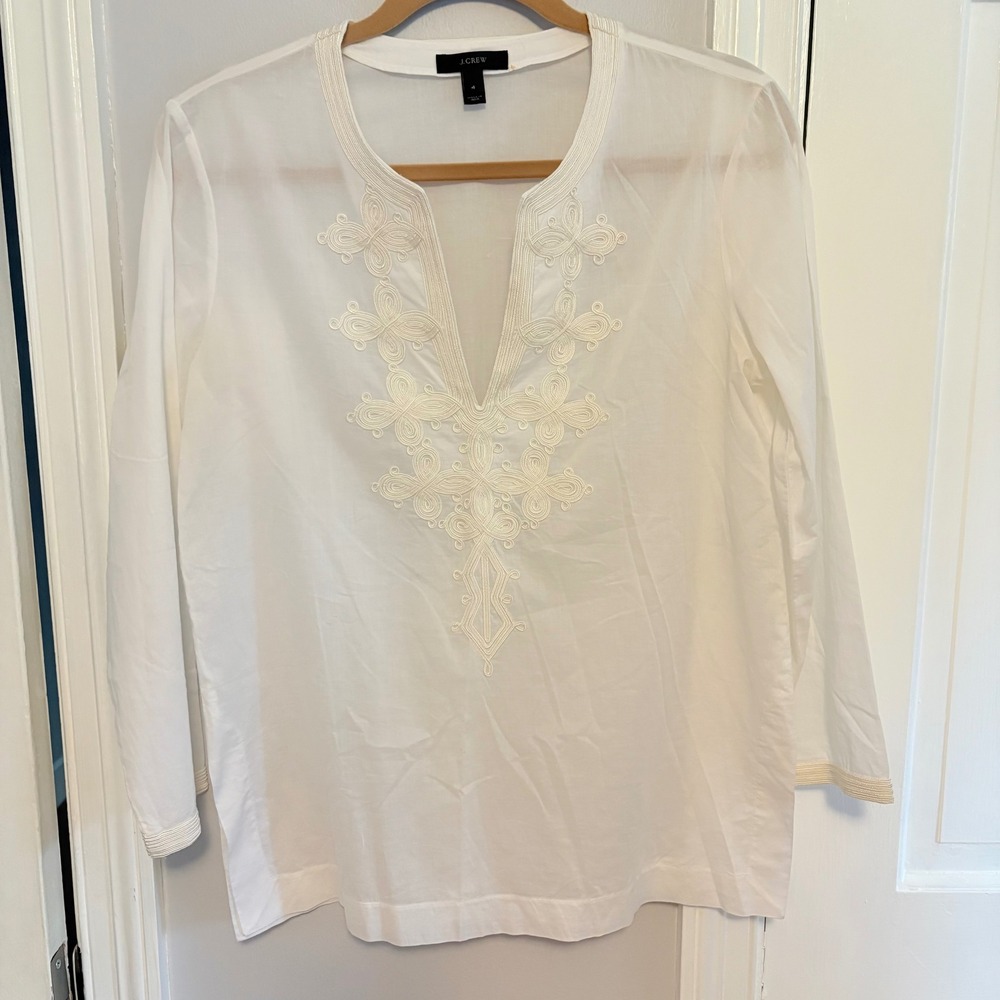 J.Crew Women 4 Tunic White Embroidered Sheer Cotton Top Lightweight Resort